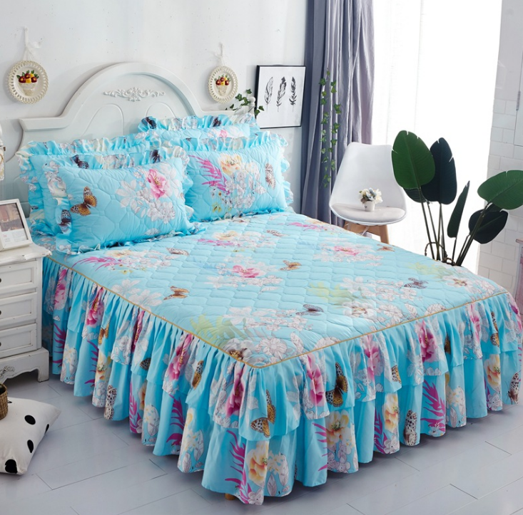 1.8*2.2m Double Layer Blue Flower Pattern Printing Soft Home Bed Skirt Set