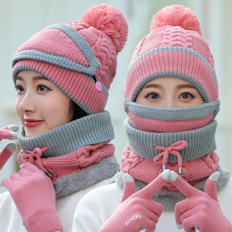 Plush thickened Touch Screen Gloves Set Winter 4pcs Fleece Lined Cycling Pom Pom Beanie Gloves Scarf Hat