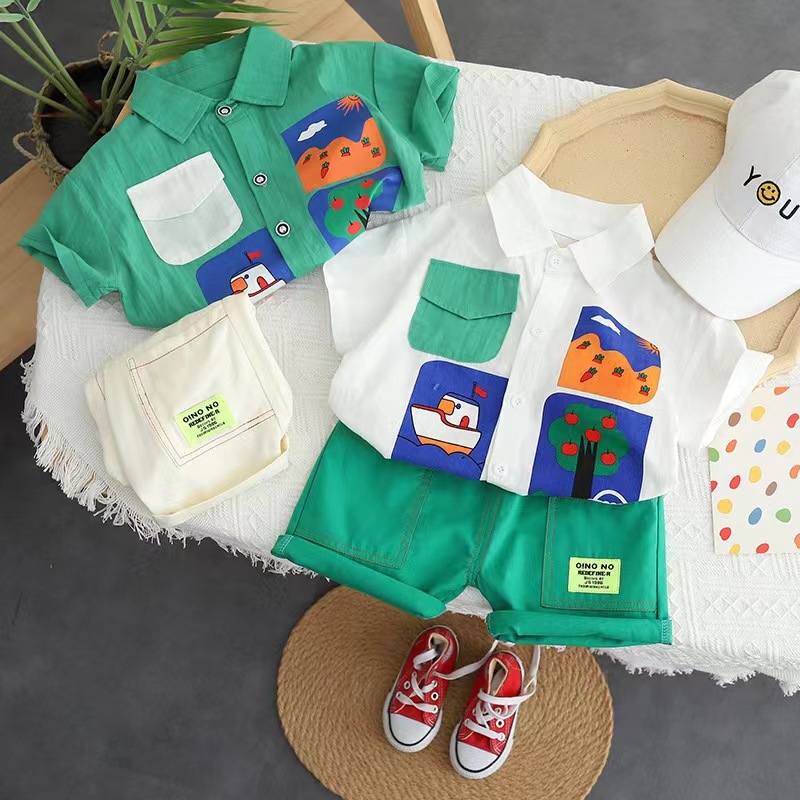 2022 new kids boys summer clothes baby sets suits gentleman lapel t-shirts+short pants 2pcs boys clothes 0-6y