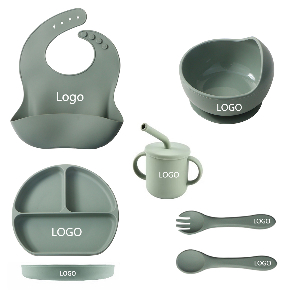 OEM Silicone Kids Baby Feeding Products Cup Bowl Tableware Suction Dining Dish Bibs Child Toddler Spoon Baby Divided Plate Set