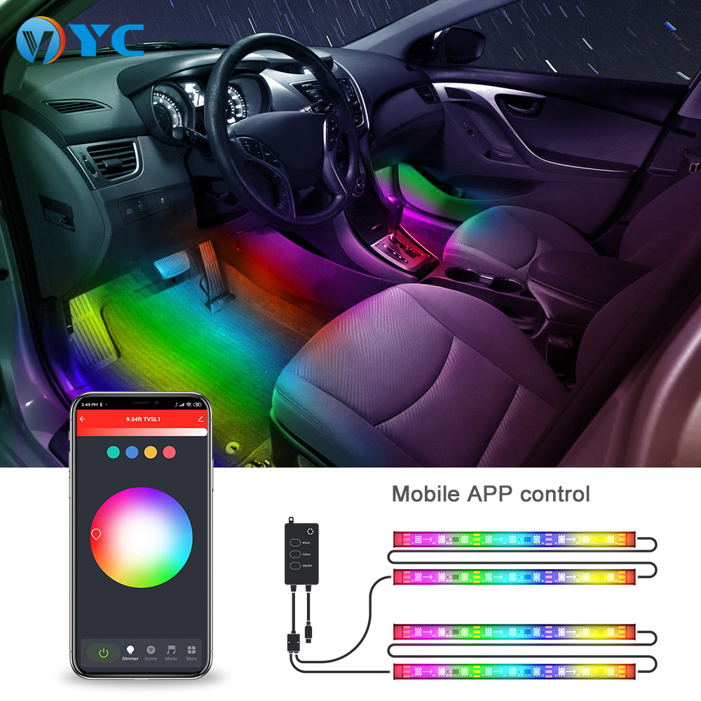Водонепроницаемая автомобильная светодиодная лента Rgb 5050smd, 4 шт., 12 В, 48 светодиодов, многоцветный App контроллер, подсветка автомобиля, комплект освещения для салона