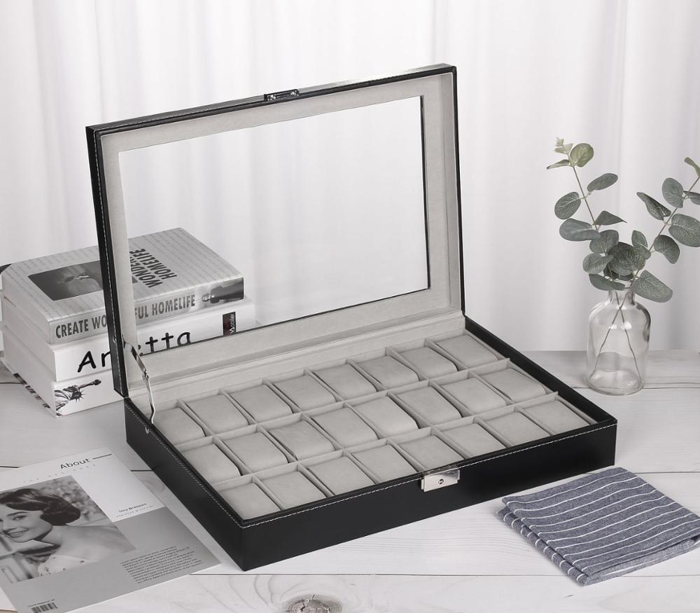 wholesale custom logo portable 24 slots watch display box luxury black pu leather watch gift box