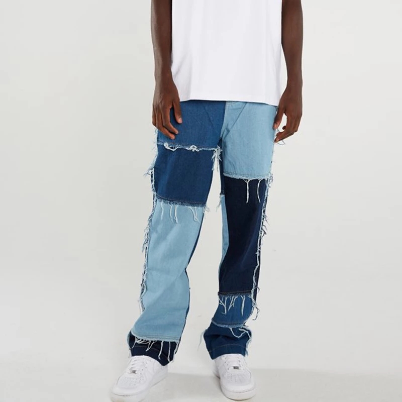 2021 high quality custom male colour block loose wide leg jeans plus size baggy men denim pants