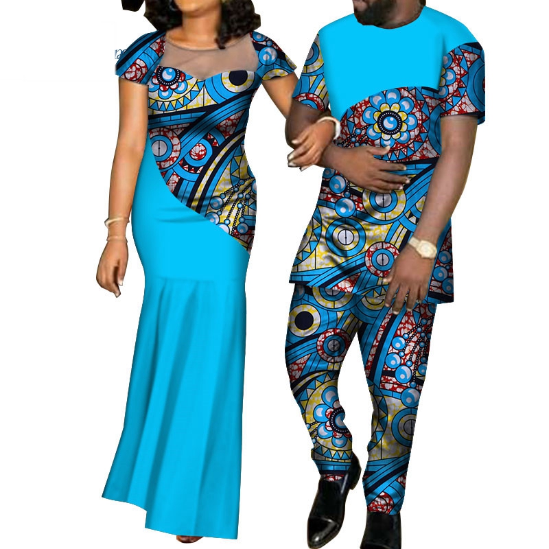African Clothing Suppliers Cotton Fabric Plus Size Africa Traditional Couple Clothing Women Dress and Men T-shirt