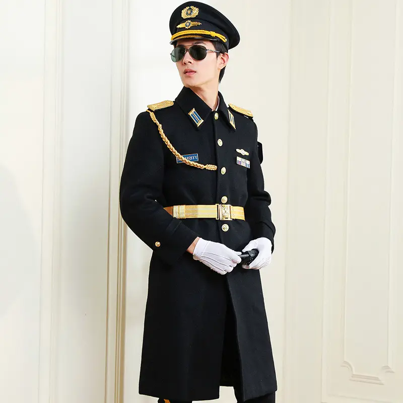 New design quality Single breasted security guard uniform winter long coat men Woll Overcoat with epaulettes