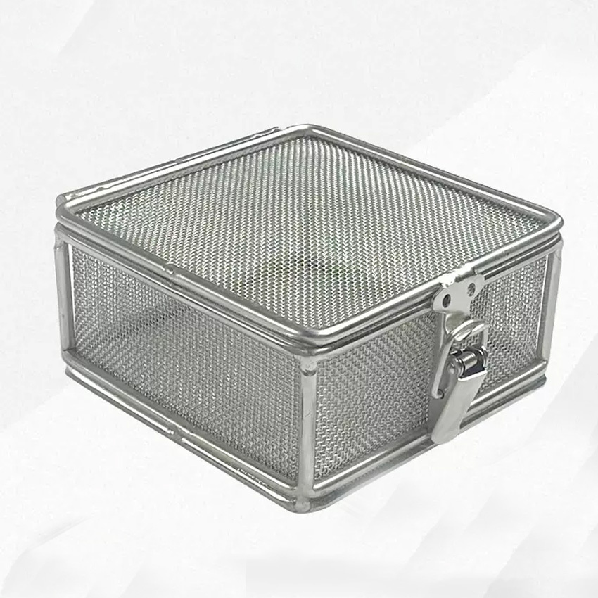 304 stainless steel square medical dense mesh disinfection storage basket instrument ultrasonic cleaning basket with cover