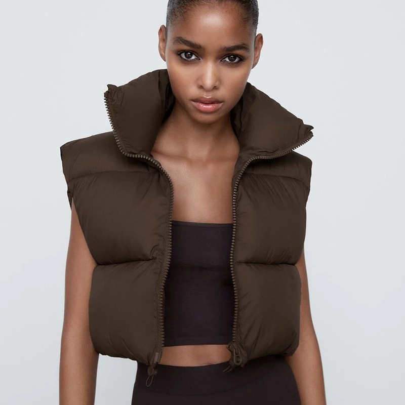 Winter Fall Cropped Vest Women Coat Fashion Warm Parka High Collar Waistcoat Casual Outerwear Chic Top Puff Jacket C13871