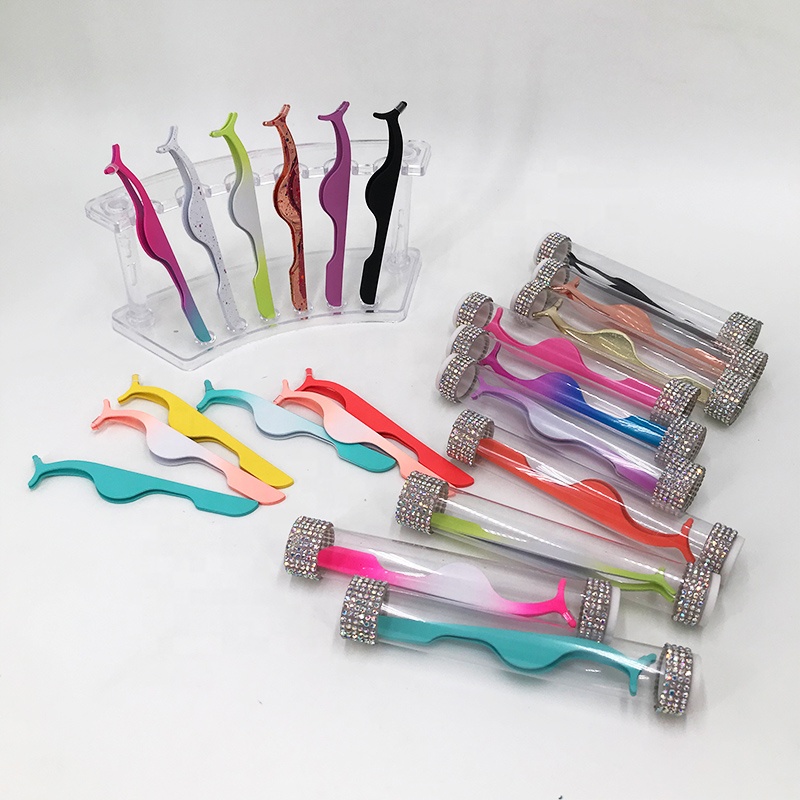 Private Label Wholesale Stainless Steel False Eyelash Tweezers With Tube Bulk Sale Fake Lash Applicator Custom Print Logo Makeup