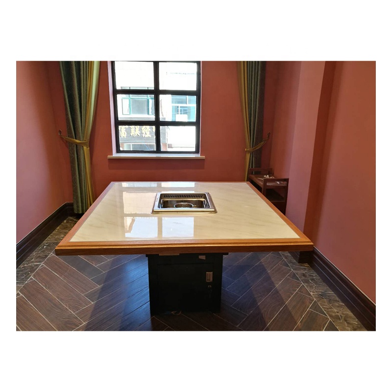 Hot Pot Table Smokeless White Marble Square Marble Hotpot Table with Wooden Edging