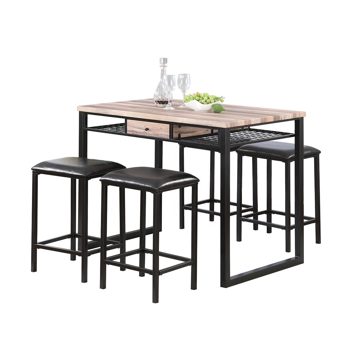 MDF luxury outdoor high leg raw iron cocktail bar table set with wooden top