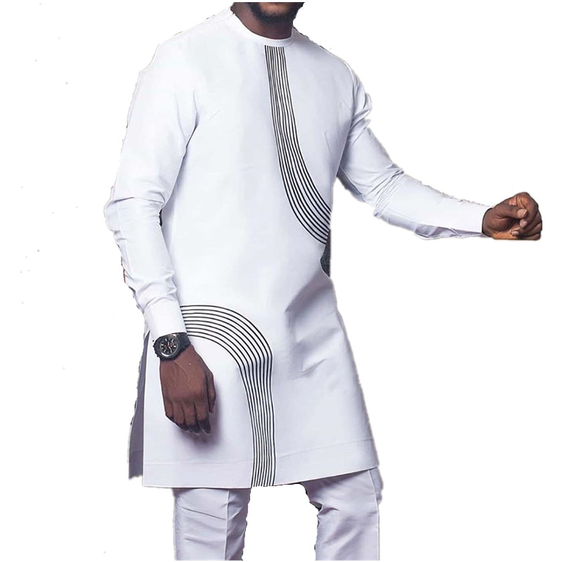 White Pattern Designed Print Muslim Islamic Kaftan Long Shirt Men Polyester