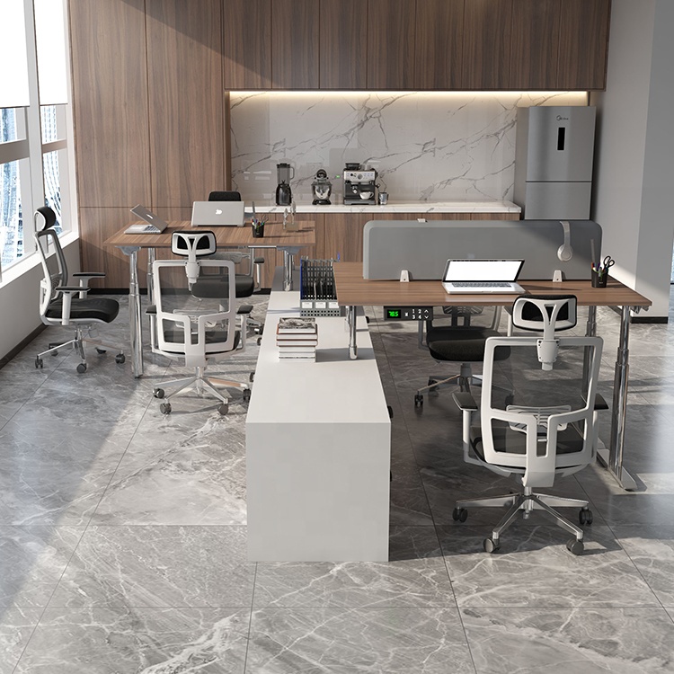 Intellengent 4 person workstation with storage cabinet sit and stand desk office partition and workstation