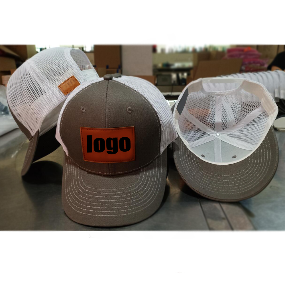 Custom made dark grey canvas 6 panel trucker hat leather patch for hat
