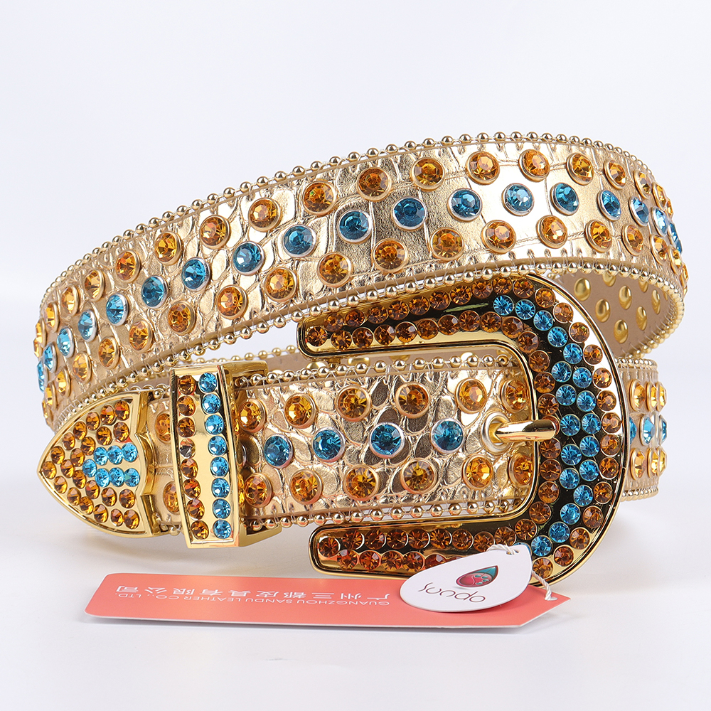 Sundo Factory Custom Luxury Golden Alligator Leather Studded with Blue Crystal Plus Large Size Designer Men Jeans Belts