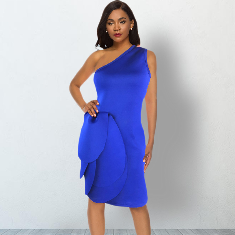 Autumn Sexy Blue Sleeveless One Shoulder Ruffles Women Prom Dress