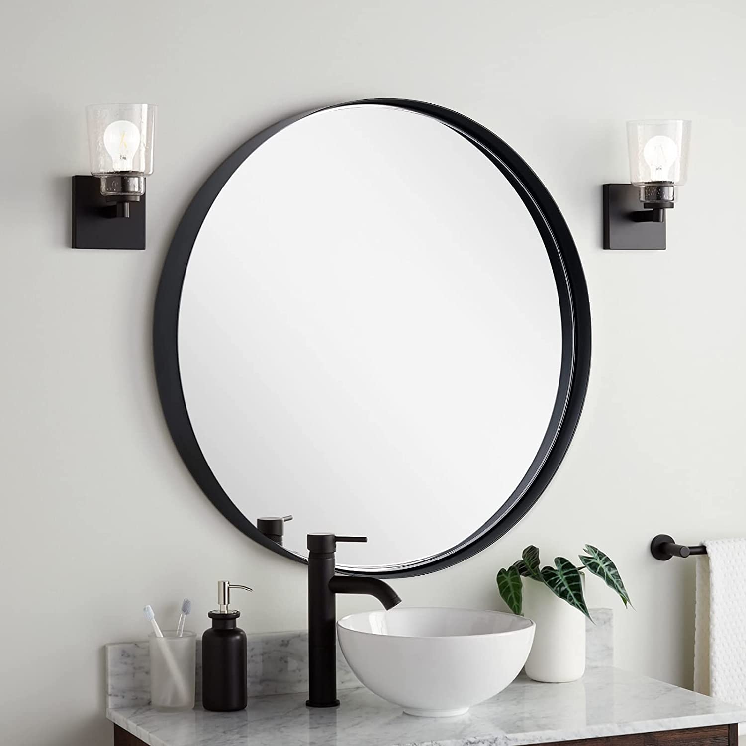 Black round circle recessed mirror premium metal framed wall-mounted hanging mirror for bathroom, washroom, bedroom, home decor