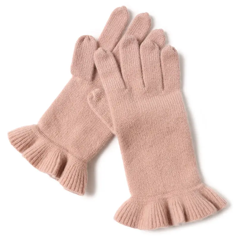 100% Cashmere plain knit solid color gloves corrugated edge cashmere gloves