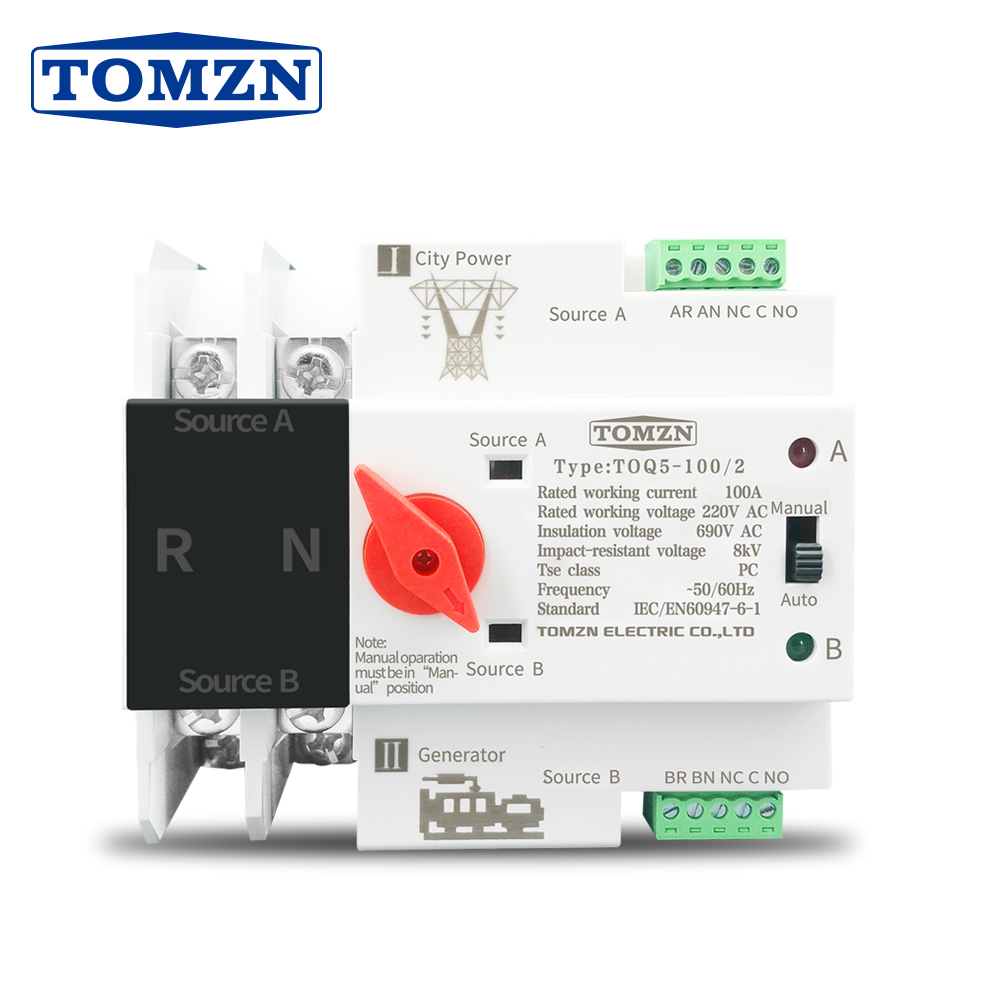 Однофазный Электрический переключатель TOMZN на Din-рейку ATS с двойным питанием, бесперебойные переключатели 2P 63A 100a 125a