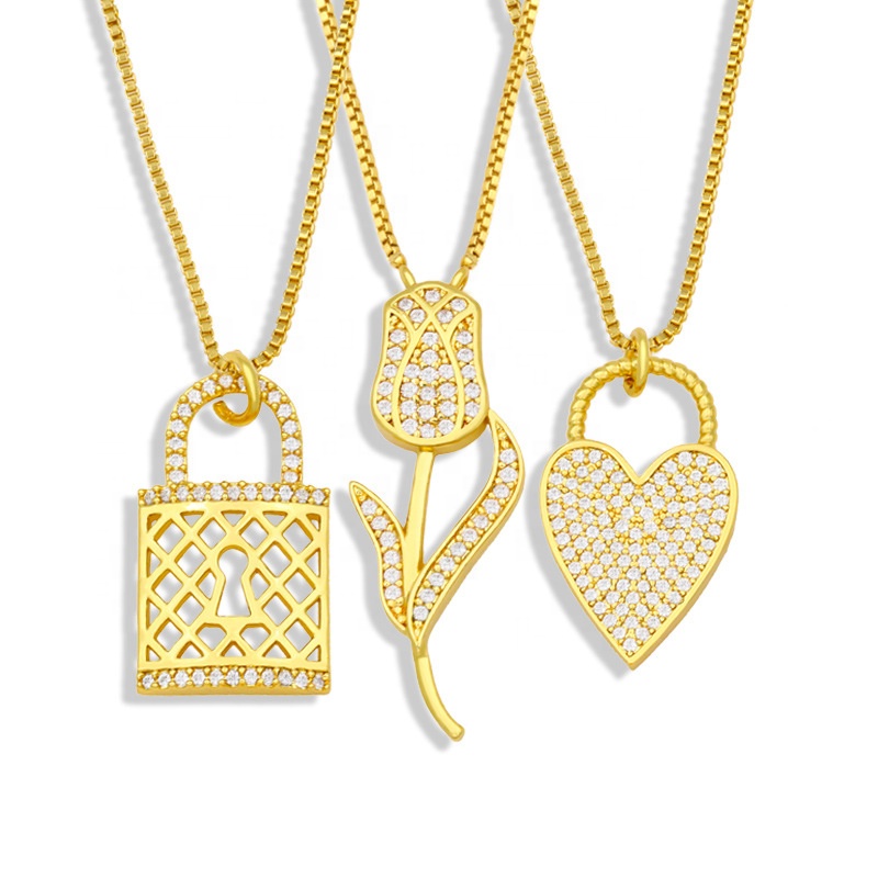 Fashion Women Jewelry Heart lock flower Necklace Custom Stainless Steel 18k Gold Necklace