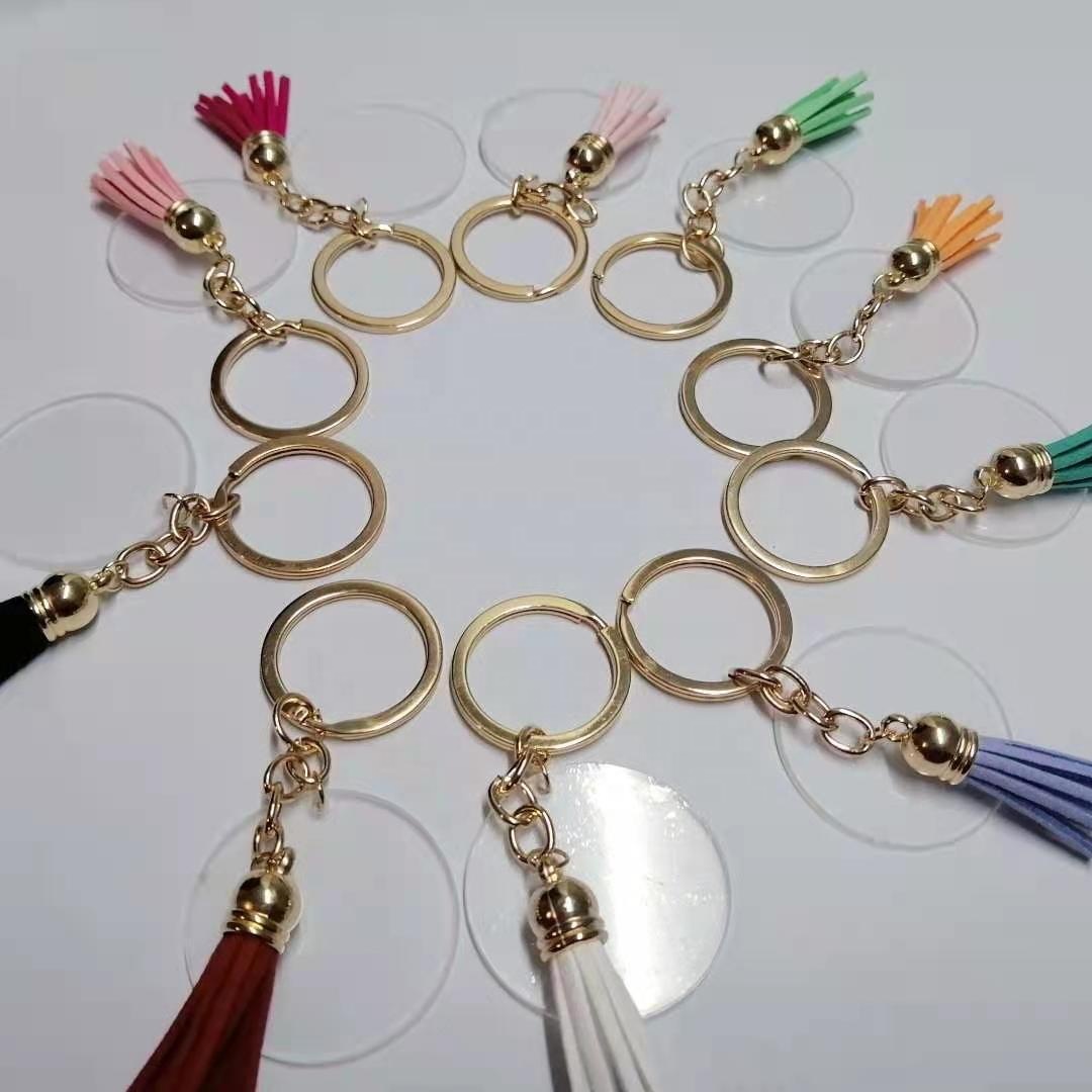 Акриловые заготовки для ключей, круглые прозрачные брелки для ключей из винила с подвеской-кисточкой и металлическими кольцами для ключей
