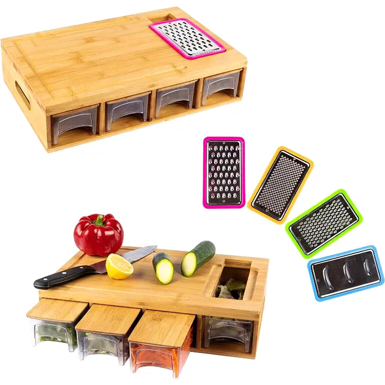 Bamboo Chopping Block Cutting Board Set With 4 Trays Drawers Containers Trays And Vegetable Grater