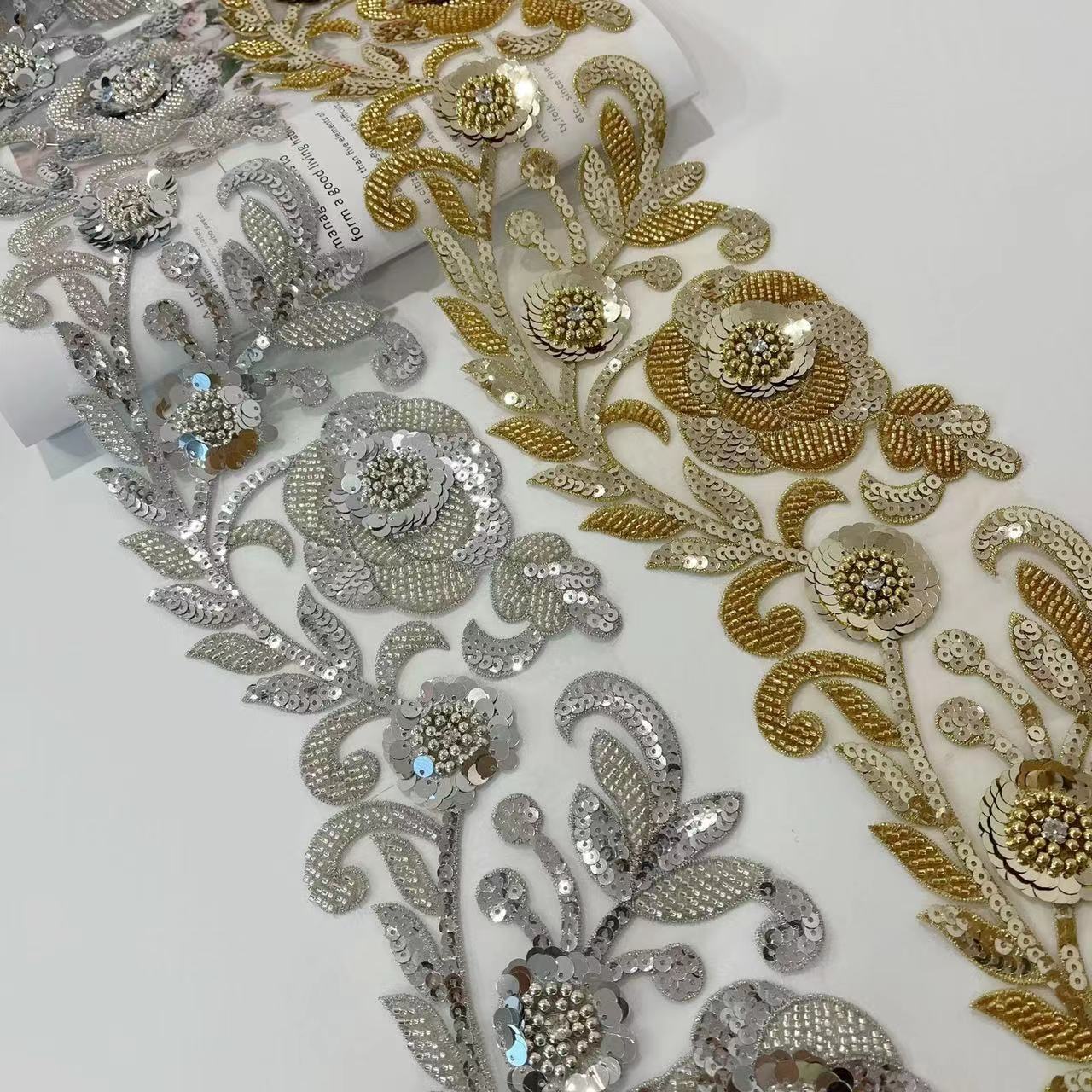 Customizable Embroidered Sequined Pearl Beaded Metallic Lace Trims for Women's Dresses