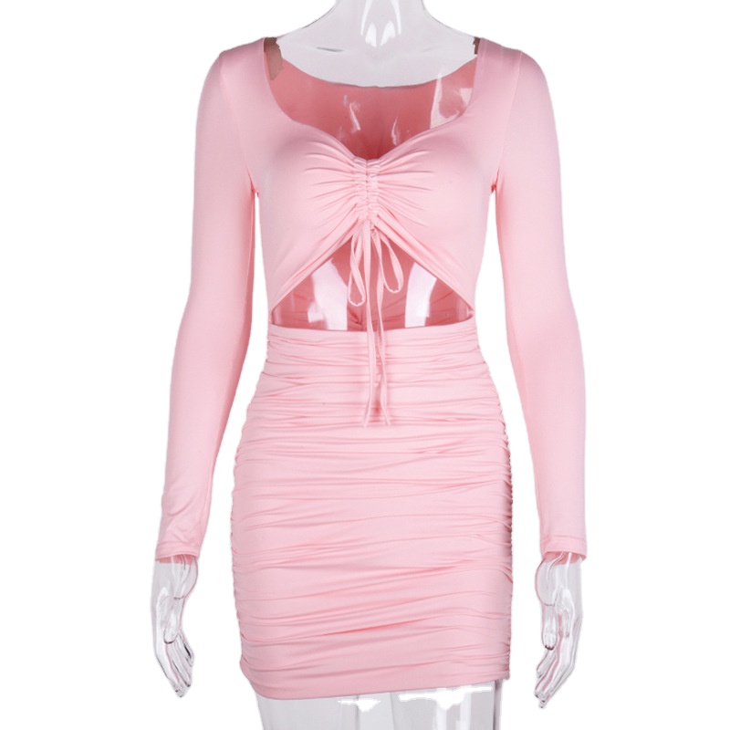 Woman's sexy cocktail party dress long sleeves crop top drawstring hollowed out pleats low-cut mini dress
