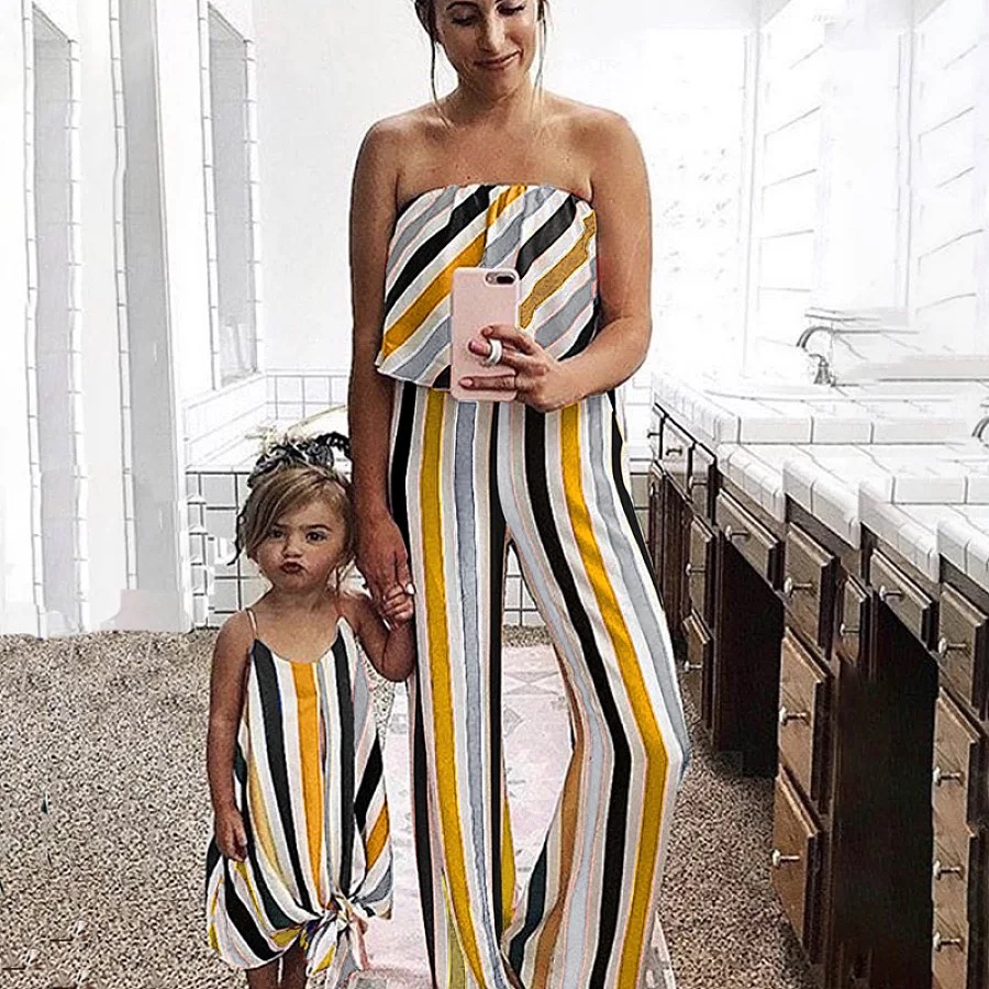2021 mommy and me Onesie summer new hot sale striped tube top jumpsuit parent-child wear factory direct sales matching dress