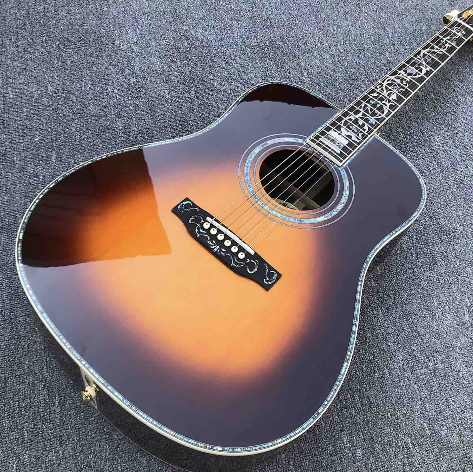 Настоящая Абалон инкрустация Sunburst твердая ель Топ 41 дюйм акустическая гитара с черным грифом