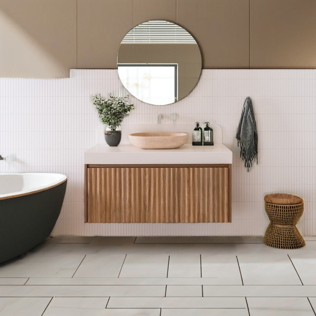 2024 custom wash basin modern bath set organizer oak woodmatt v-groove floating cabinet with sink