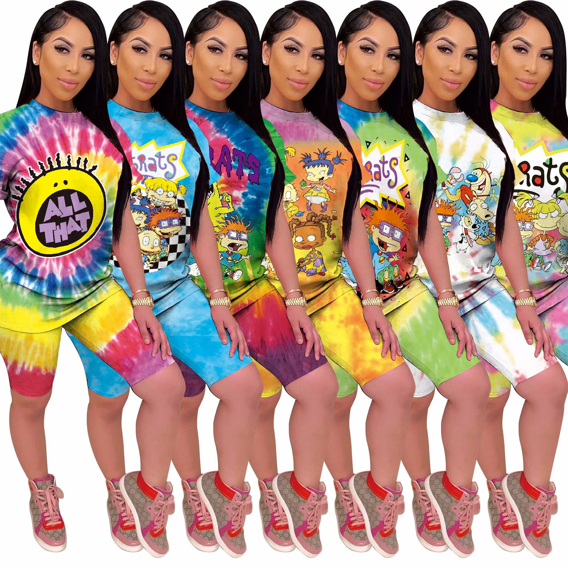 FM-M1078 2020 two piece set women clothing summer sport cartoon print jogger short sets women