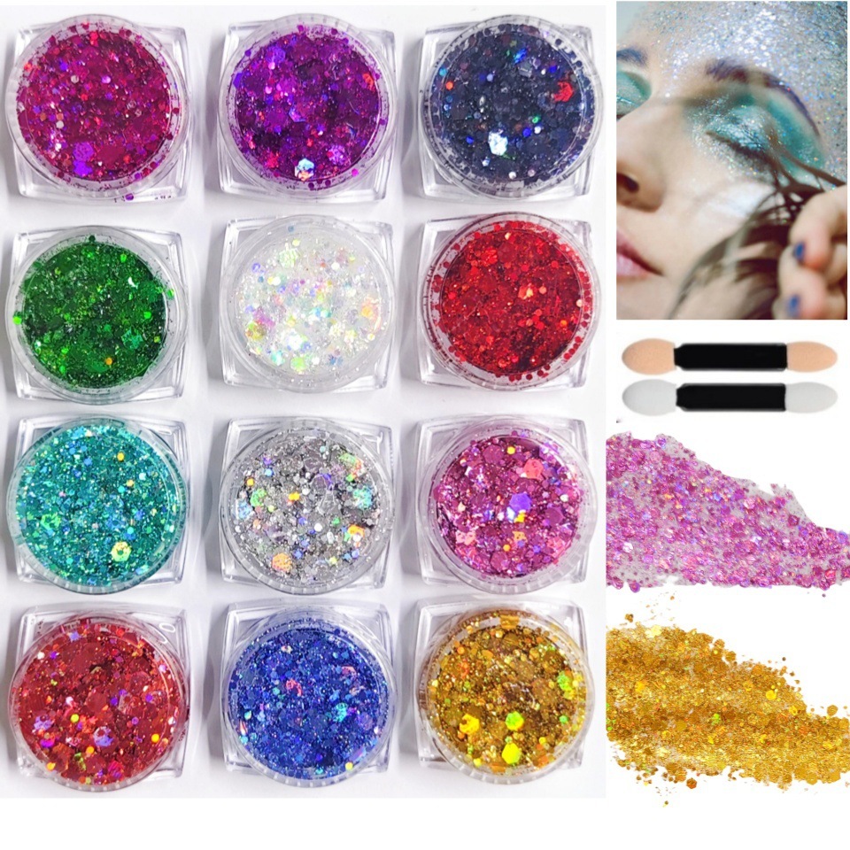 12 Color Face Body Makeup Festival Holographic Sequins Glitter Gel for Eyeshadow Nails Hair Comes with Two Brushes