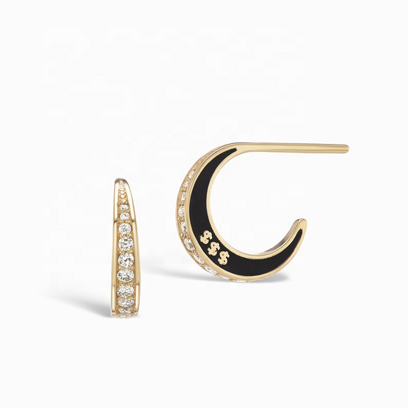 Women's fashion custom silver cz jewelry 18k gold plated black enamel hoop earrings