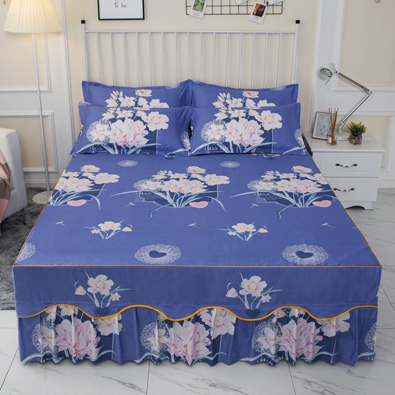 Wholesale blue flower bed skirt set bed cover skirt for home decorative