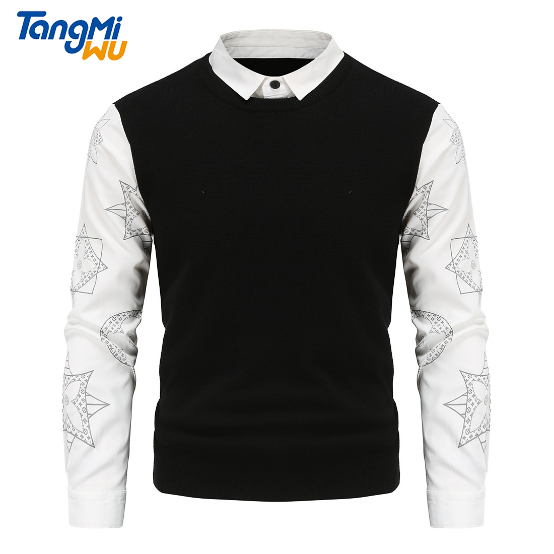 TMW wholesale 2021 new style fashion mens sweaters pullover Shirt collar pull homme men slim print knit sweater