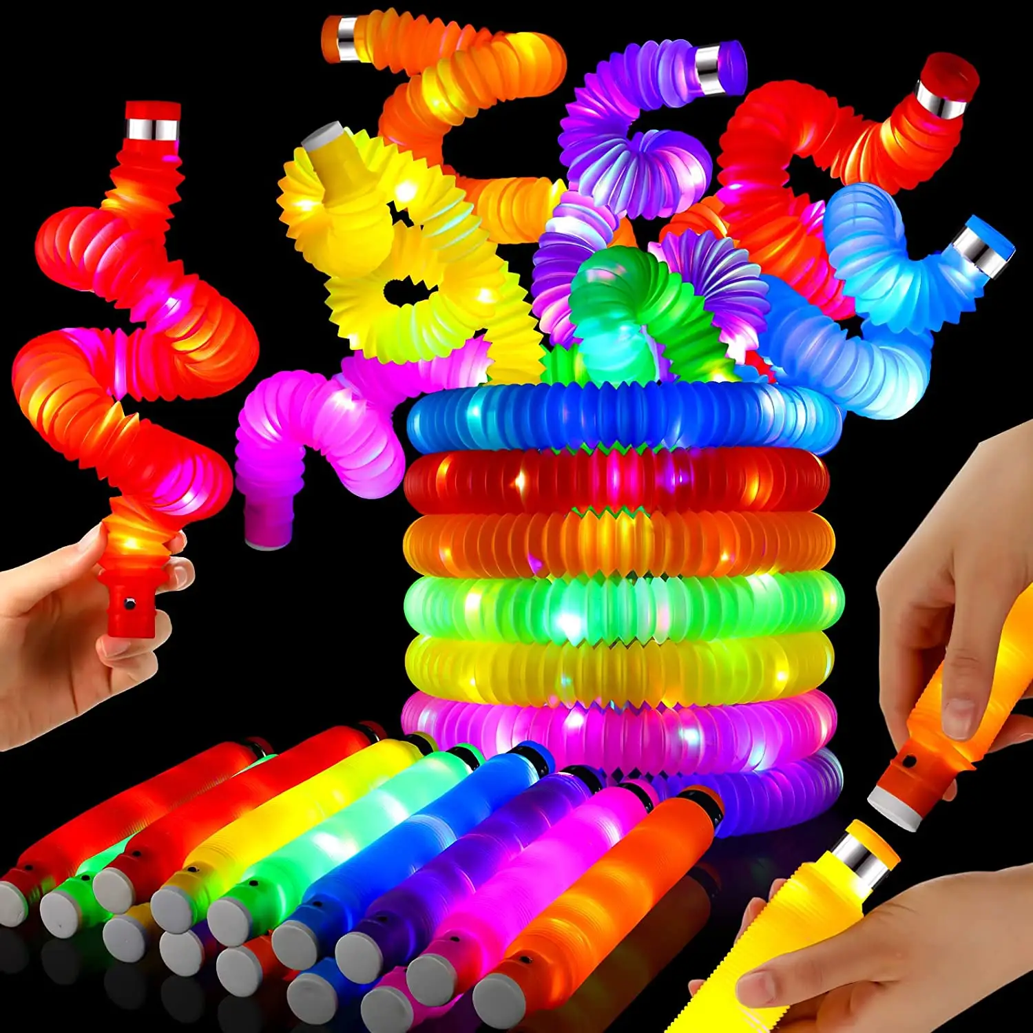 PT127 Lights-Up Toys Fidget Tubes Led Glow In The Dark Party Supplies Sensory Toys For Kids Light Up Pop Tube Fidget Toy Sensory