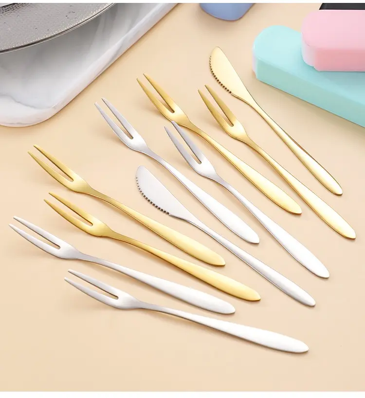 Manufacturer wholesale stainless steel mini knife and fork set silver gold dessert cutlery customizable gift box color and logo
