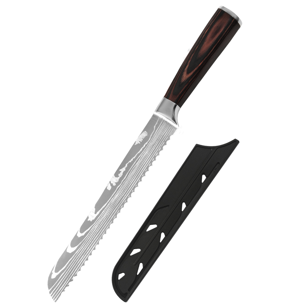 Горячая Кухня резка хлеб Slicer пользовательские Sharp длинные 8 дюймов Волнистые края Дамаск лазерная резка узор нержавеющая сталь зубчатые хлеб ножи