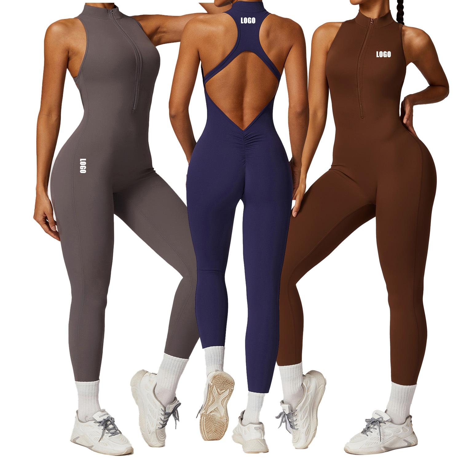 Women's Sports Bodysuit With Zipper Workout Clothes Active Sexy Sleeveless Hollow Yoga Jumpsuits One Piece Tight Romper for Gym