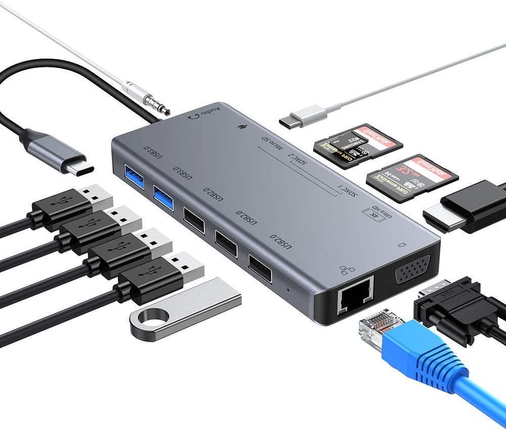 Raycue 13 в 1 адаптер тype C до 3 слота кард-ридер HD-MI VGA 2 * USB3.0 USB C концентратор USB