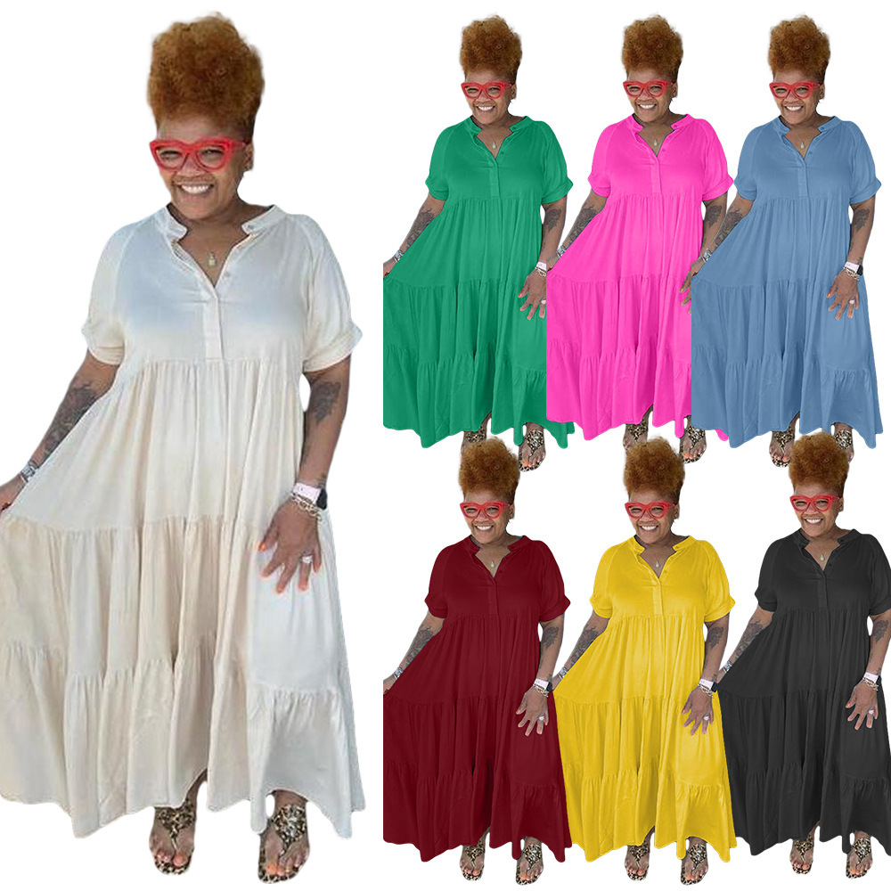 Summer Womens Clothing Plus Size Women Dresses Fashion Short-sleeved Casual Button-Down Collar Loose Dress