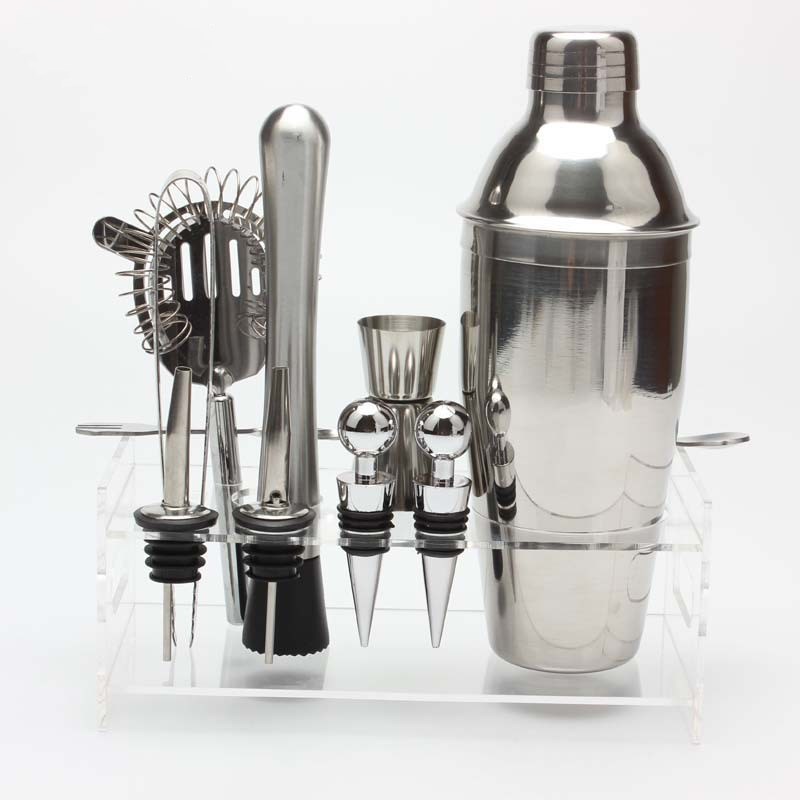 Factory Direct glass barware bartender stainless steel cocktail shaker bar tools set with acrylic frame stand