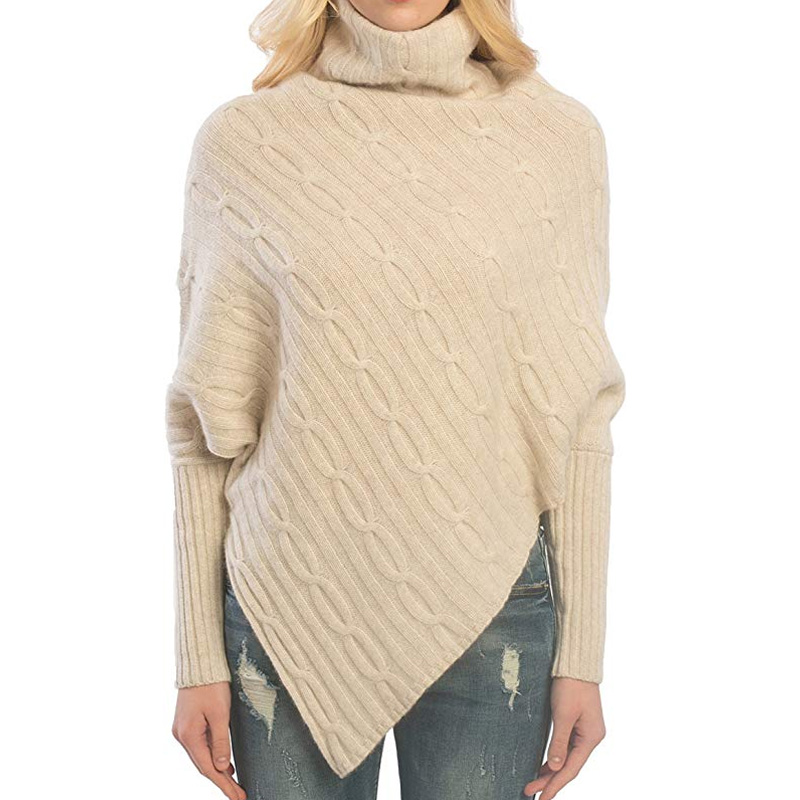 LE-19101710 High quality hot winter cashmere cable knitted lady turtleneck poncho