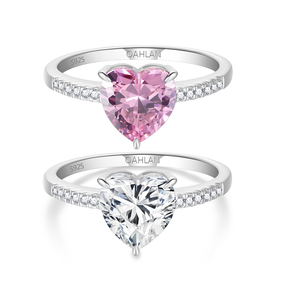 OAHLAN Wholesale Fashion Jewelry 2CT Heart Shape Pink and White Cubic Zirconia 925 Sterling Silver Rings for Women Engagement