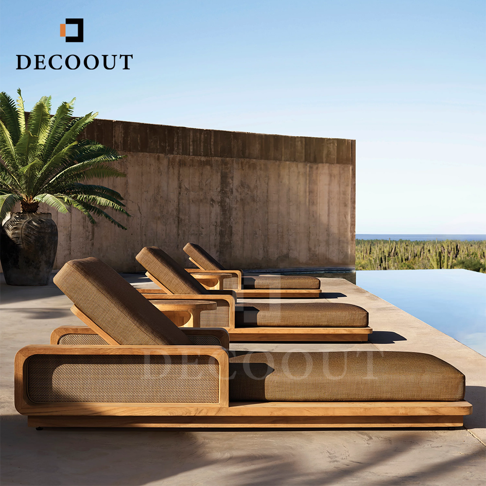 Decoout Rattan Teak Outdoor Chaise Lounge Villa Teak Sun Lounger Wood Sunbed For Hotel Resort Yacht