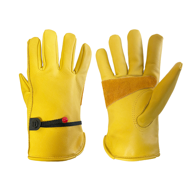 Wholesale OEM logo winter leather driving yellow cowhide leather adjustable wrist wrist driving gardening working safety gloves