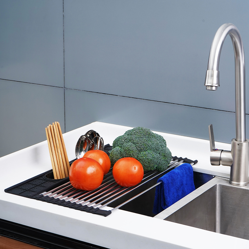 Kitchen Organizer Foldable Dish Rack Roll up Dish Drying Rack 304 Stainless Steel Roll Up Over The Sink with Utensil Holder