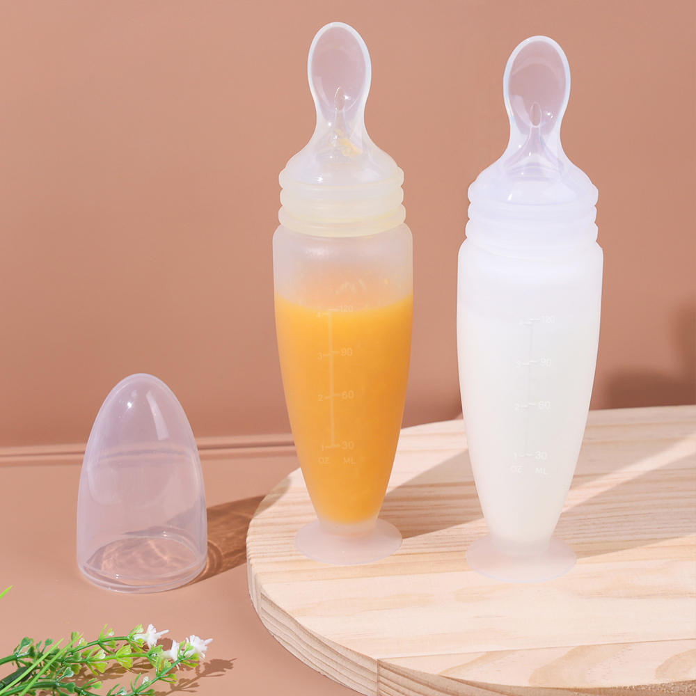 120ml 2 In 1 Baby Squeeze Feeding Spoon Bottle Food Grade Silicone Rice Cereal Juice Suction Cup Baby Bottle With Spoon