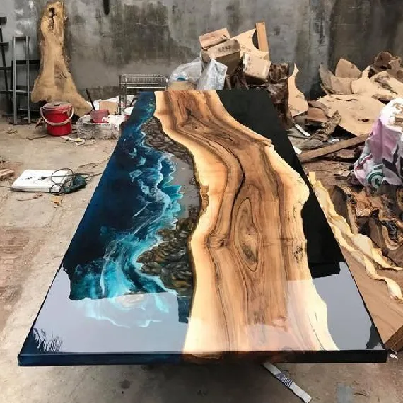 Unique design Restaurant  Walnut table solid wood slab epoxy resin river  dining table top