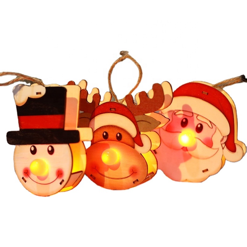 Christmas tree Decorations LED Glowing wooden Hanging Pendant Santa Elk Doll Xmas Luminous Decoration
